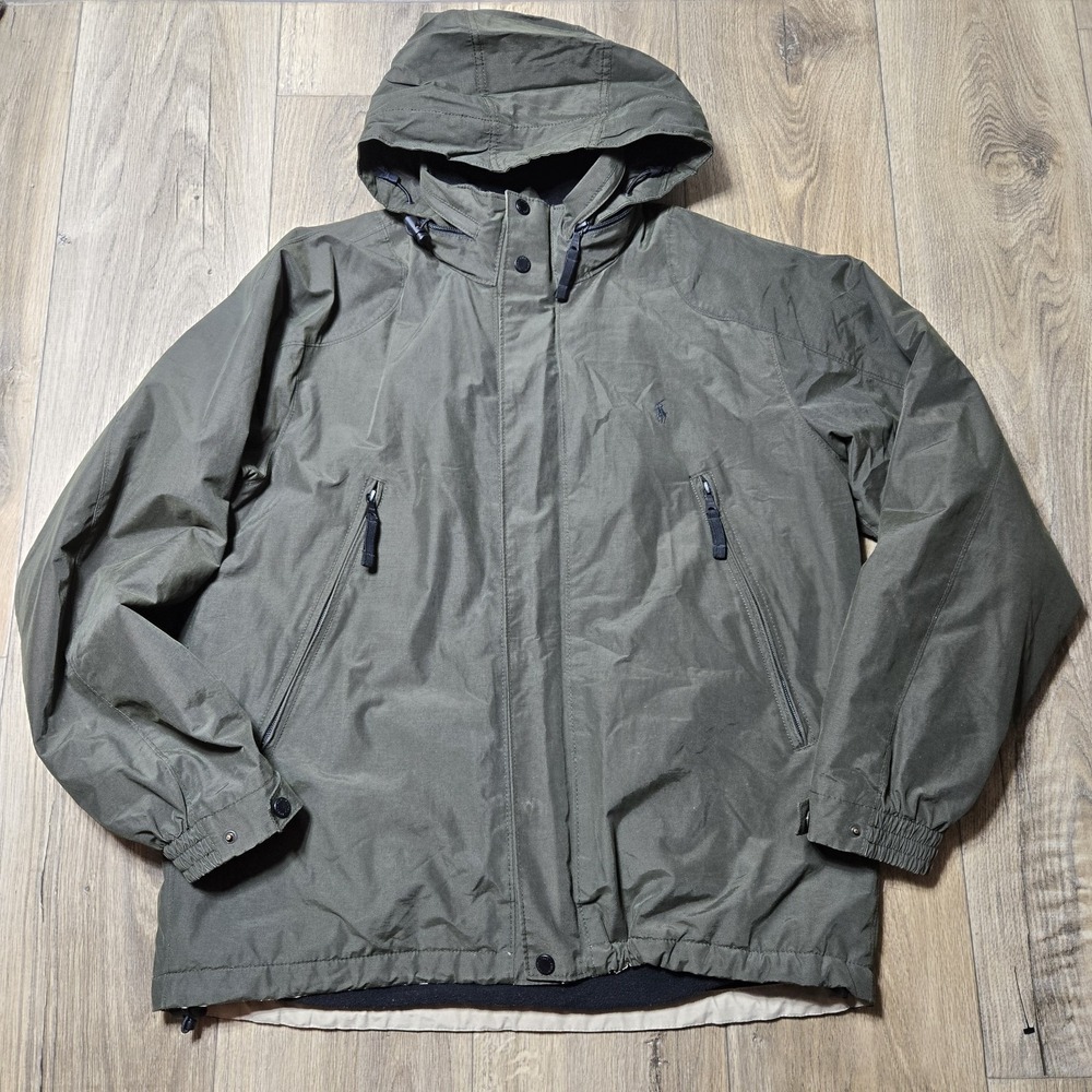 Vintage Polo Ralph Lauren‎ Jacket Fleece Lined Stowaway Hood Medium Green